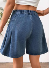 Denim Blue bottoms,Plain Color bottoms,Denim Blue Wide Leg Button Fly High Waisted Shorts