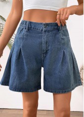 Denim Blue bottoms,Plain Color bottoms,Denim Blue Wide Leg Button Fly High Waisted Shorts