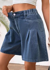 Denim Blue bottoms,Plain Color bottoms,Denim Blue Wide Leg Button Fly High Waisted Shorts