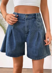Denim Blue bottoms,Plain Color bottoms,Denim Blue Wide Leg Button Fly High Waisted Shorts