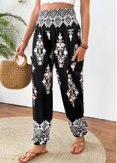 Black bottoms,Tribal bottoms,Tribal Print Black Jogger Elastic Waist High Waisted Pants