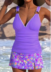 Light Purple swimwear,Floral swimwear,Plants swimwear,ROTITA Light Purple Floral Print High Waisted Tankini Set