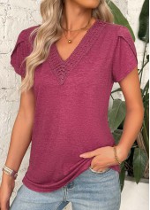 Dark Reddish Purple tops,Plain Color tops,ROTITA Dark Reddish Purple V Neck Short Sleeve T Shirt