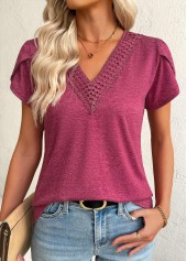 Dark Reddish Purple tops,Plain Color tops,ROTITA Dark Reddish Purple V Neck Short Sleeve T Shirt