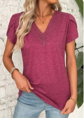 Dark Reddish Purple tops,Plain Color tops,ROTITA Dark Reddish Purple V Neck Short Sleeve T Shirt