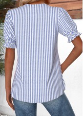 Blue tops,Striped tops,Geometric tops,ROTITA Striped Blue V Neck Short Sleeve Blouse