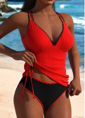 Red swimwear,Plain Color swimwear,ROTITA Red Mid Waisted Cut Out Tankini Set