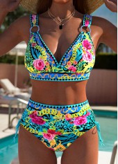 ROTITA Cyan Floral Print High Waisted Bikini Set