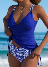 Royal Blue swimwear,Plants swimwear,ROTITA Royal Blue Tropical Plants Print Mid Waisted Tankini Set