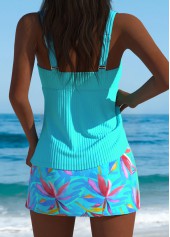 Cyan swimwear,Plants swimwear,ROTITA Cyan Leaf Print Mid Waisted Tankini Set