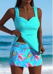 Cyan swimwear,Plants swimwear,ROTITA Cyan Leaf Print Mid Waisted Tankini Set