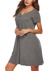 Dark Grey loungewear,Plain Color loungewear,Dark Grey Split Neck Short Sleeve Nightdress