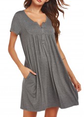 Dark Grey loungewear,Plain Color loungewear,Dark Grey Split Neck Short Sleeve Nightdress