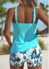 Cyan swimwear,Floral swimwear,Plants swimwear,ROTITA Cyan Floral Print Mid Waisted Tankini Set