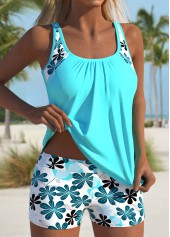 Cyan swimwear,Floral swimwear,Plants swimwear,ROTITA Cyan Floral Print Mid Waisted Tankini Set