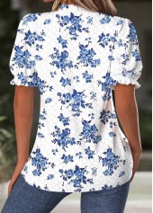 White tops,Floral tops,Plants tops,ROTITA Floral Print White Split Neck Short Sleeve Blouse