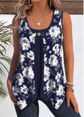 ROTITA Floral Print Navy Round Neck Tank Top and Camsiole