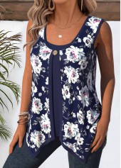 Navy tops,Floral tops,Plants tops,ROTITA Floral Print Navy Round Neck Tank Top and Camsiole