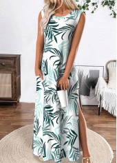 ROTITA Tropical Plants Print White Maxi A Line Dress