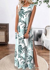 White dresses,Plants dresses,Everyday dresses,Casual dresses,ROTITA Tropical Plants Print White Maxi A Line Dress