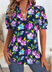 Dark Blue tops,Plants tops,Floral tops,ROTITA Random Floral Print Dark Blue Split Neck Blouse
