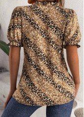 Dark Coffee tops,Leopard tops,Animal Print tops,ROTITA Leopard Dark Coffee Split Neck Short Sleeve Blouse