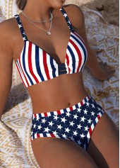 Navy swimwear,Flag swimwear,ROTITA Navy American Flag Print Mid Waisted Bikini Set
