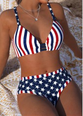 Navy swimwear,Flag swimwear,ROTITA Navy American Flag Print Mid Waisted Bikini Set