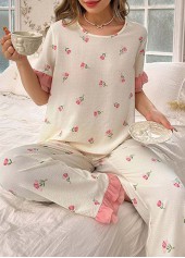 Pink loungewear,Floral loungewear,Plants loungewear,Floral Print Pink Round Neck Lounge Top and Pants