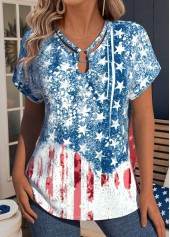 ROTITA Flag Print Blue V Neck Short Sleeve T Shirt