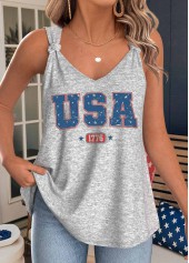 Grey tops,Flag tops,ROTITA Flag Print Grey V Neck Strappy Tank Top