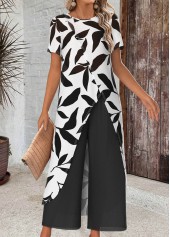 White jumpsuits&rompers,Plants jumpsuits&rompers,ROTITA Leaf Print White Ankle Length Straight Leg Top