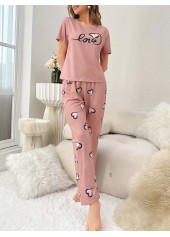 Pink loungewear,Heart loungewear,Heart Print Pink Round Neck Lounge Top and Pants
