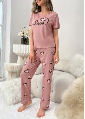 Pink loungewear,Heart loungewear,Heart Print Pink Round Neck Lounge Top and Pants