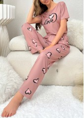 Pink loungewear,Heart loungewear,Heart Print Pink Round Neck Lounge Top and Pants
