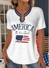 White tops,Flag tops,ROTITA American Flag White Lace Up Collar T Shirt