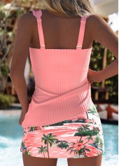 Peach Red swimwear,Plants swimwear,ROTITA Dusty Pink Tropical Plants Print Mid Waisted Tankini Set