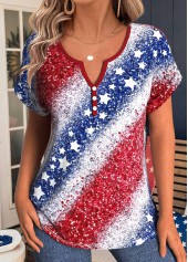 T-shirt bleu à col fendu et imprimé drapeau américain Rotita