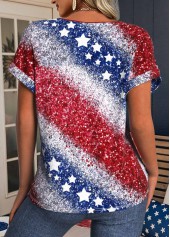Blue tops,Red tops,Flag tops,ROTITA American Flag Print Blue Split Neck T Shirt