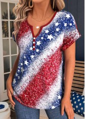 Blue tops,Red tops,Flag tops,ROTITA American Flag Print Blue Split Neck T Shirt