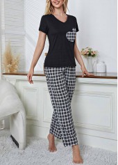 Black loungewear,Plaid loungewear,Geometric loungewear,Plaid Black Round Neck Lounge Top and Pants