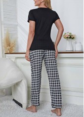 Black loungewear,Plaid loungewear,Geometric loungewear,Plaid Black Round Neck Lounge Top and Pants