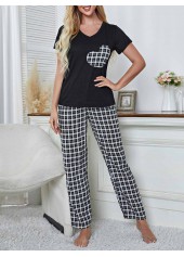 Black loungewear,Plaid loungewear,Geometric loungewear,Plaid Black Round Neck Lounge Top and Pants
