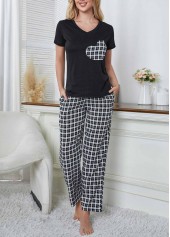 Black loungewear,Plaid loungewear,Geometric loungewear,Plaid Black Round Neck Lounge Top and Pants