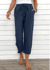 Navy bottoms,Plain Color bottoms,Navy Straight Leg Elastic Waist Mid Waisted Pants