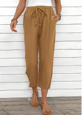 Light Camel bottoms,Plain Color bottoms,Light Camel Straight Leg Elastic Waist High Waisted Pants