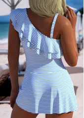 Light Blue swimwear,Striped swimwear,Geometric swimwear,ROTITA Light Blue Ruffle One Shoulder One Piece Swimdress