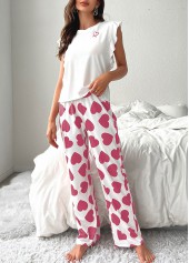 Pink loungewear,Heart loungewear,Heart Print Pink Round Neck Lounge Top and Pants