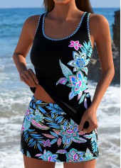 Black swimwear,Plants swimwear,Floral swimwear,ROTITA Black Random Floral Print Mid Waisted Tankini Set