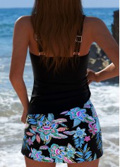 Black swimwear,Plants swimwear,Floral swimwear,ROTITA Black Random Floral Print Mid Waisted Tankini Set